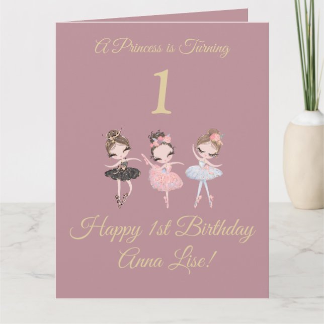 Cartão Primeiro aniversario da Princesa Rosa Rosa Dourada (Frente)