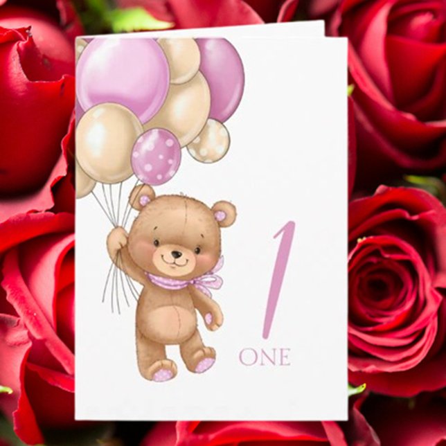 Cartão primeiro aniversario de balões cor-de-rosa giro ca (Celebrate her special day with a cute pink teddy and balloons 1st birthday card)