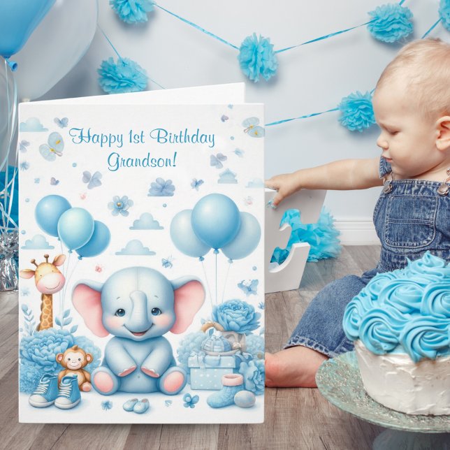 Cartão Primeiro aniversario de Elefante Azul para Bebê co (Family Keepsake: Watercolor Elephant 1st Birthday Card)