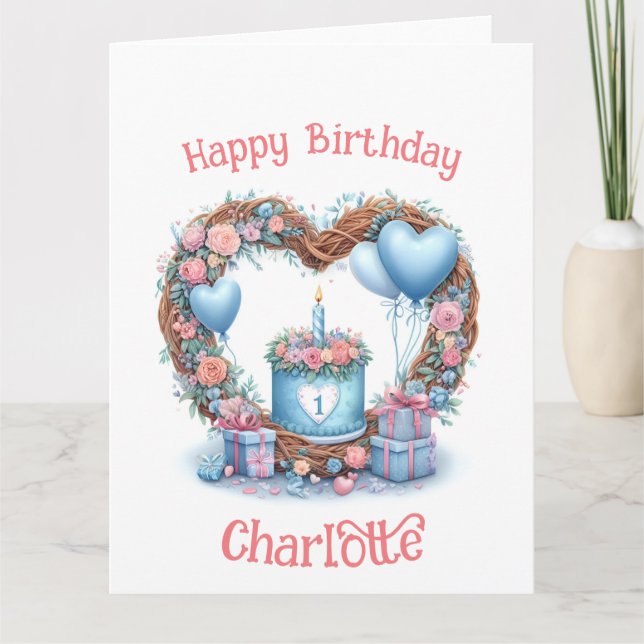 Cartão Primeiro Aniversário do Bebê - Coroa Floral 1 - (Frente)