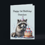Cartão Primeiro aniversario do Grandson Fun Raccoon<br><div class="desc">Grandson Fun Raccoon para o Primeiro Bolo de Aniversário,  animal da vida selvagem,  arte gráfica da natureza</div>