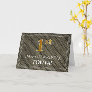 Cartão Primeiro aniversario Elegante: Faux Wood, Faux Dou