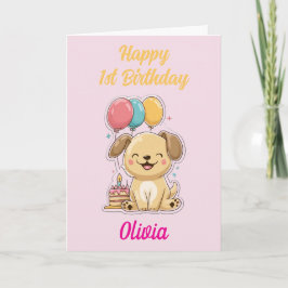 Cartão Primeiro aniversario Feliz, Menina, Feliz Cachorro