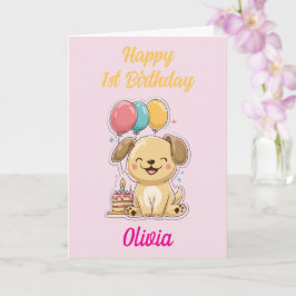 Cartão Primeiro aniversario Feliz, Menina, Feliz Cachorro