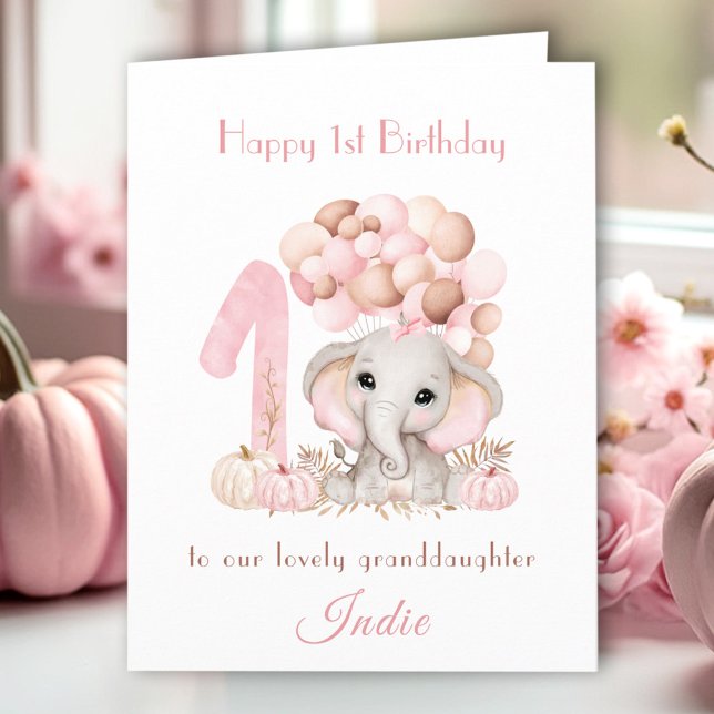 Cartão primeiro aniversario Menina Rosa Elefante Cai Pump (1st Birthday Girl Pink Elephant Fall Pumpkin Card)