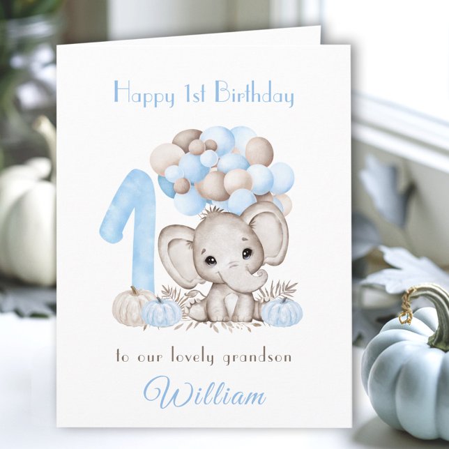 Cartão primeiro aniversario Menino Queda Balões de Elefan (1st Birthday Boy Fall Pumpkin Elephant Balloons Card)