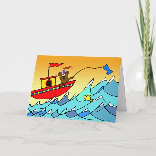 Cartão primeiro aniversario para Criança, Pesca do Urso d (Frente)