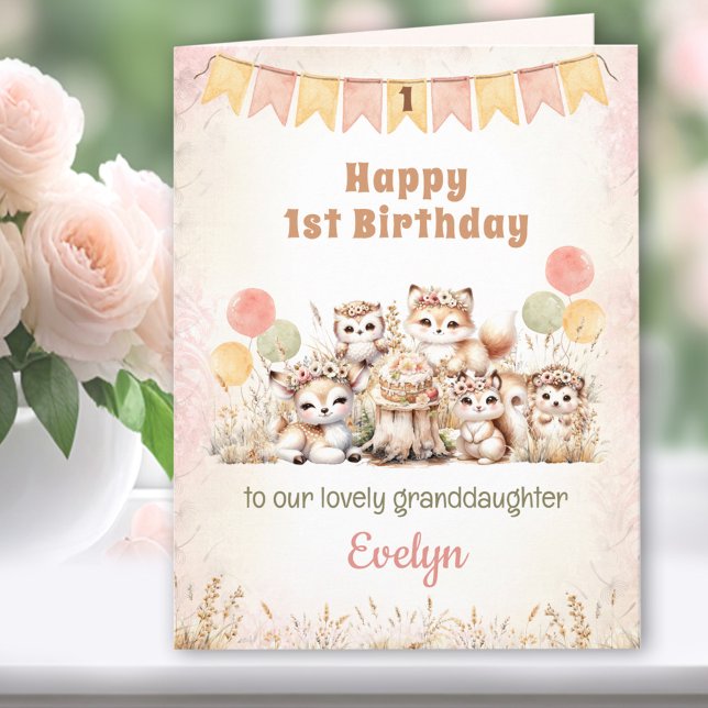 Cartão primeiro aniversario Rosa Boho Woodland (1st Birthday Girl Pink Woodland Animals Card)