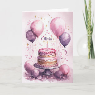 Cartão primeiro aniversario rosa púrpura, pincelada, nome