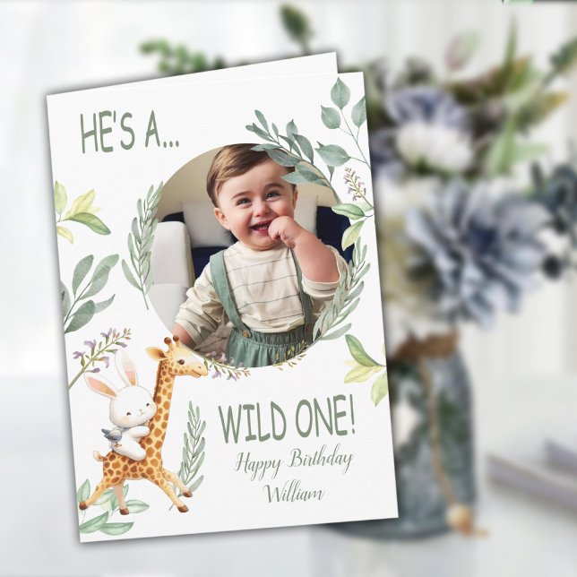 Cartão primeiro aniversario selvagem - Boy Sweet Animal w (wild one 1st birthday Boy Sweet Animal watercolor Card)