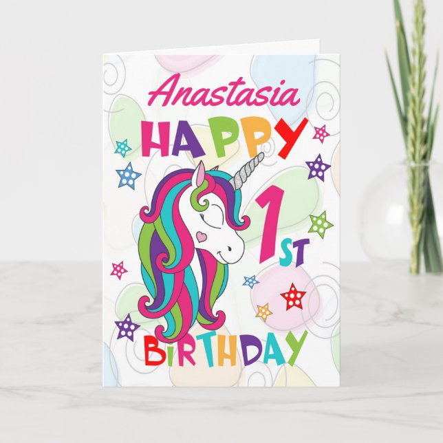 Cartão Primeiro aniversario Unicorn Personalizado (Frente)