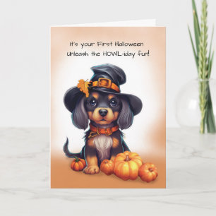 Cartão Primeiro Cachorro Negro Bonito de Halloween Vestin