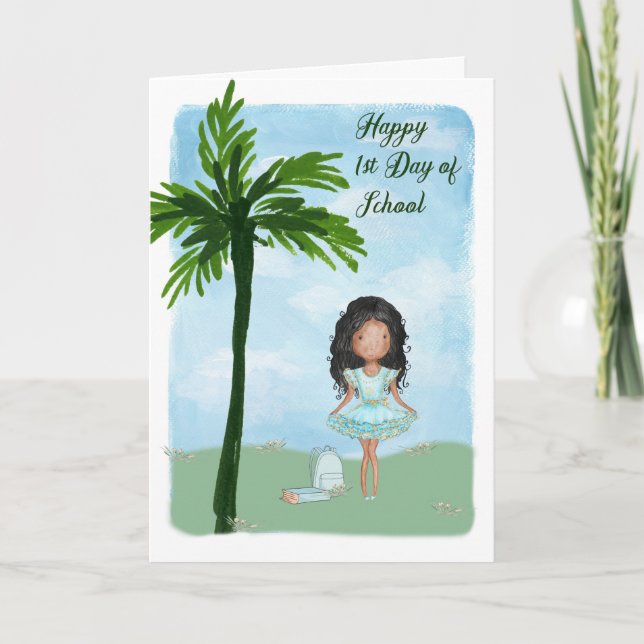 Cartão Primeiro Dia de Escola com Menina Escura de Pele (Frente)