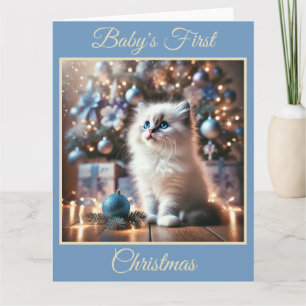 Cartão Primeiro Natal do Baby Kitten (Azul)