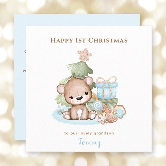 Cartão Primeiro Natal do Garoto do Urso de Teddy Azul (Blue Cute Teddy Bear Boy First Christmas Card)