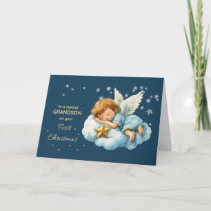 Cartão Primeiro Natal do Neto Anjo Adormecido na Nuvem