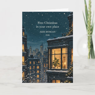 Cartão Primeiro Natal em Casa Janela de Inverno Aconchega