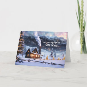 Cartão Primeiro Natal na Cabana da Sua Nova Casa na Neve