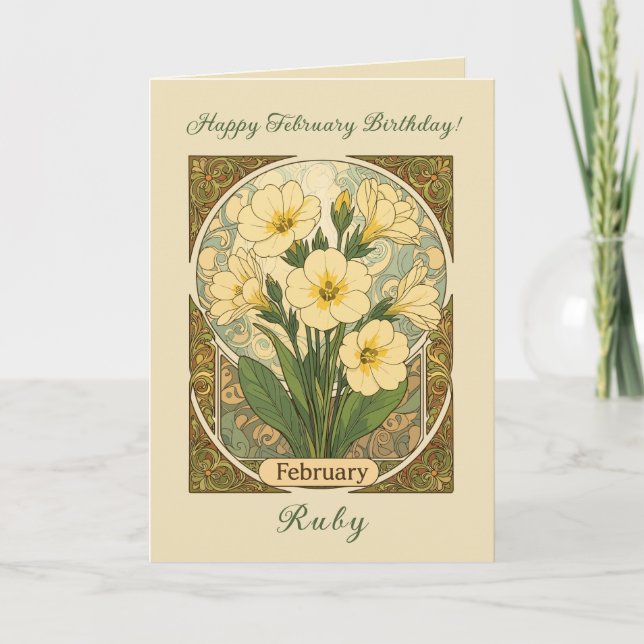 Cartão Primrose February Birthday Flowers Art Nouveau Sty (Frente)