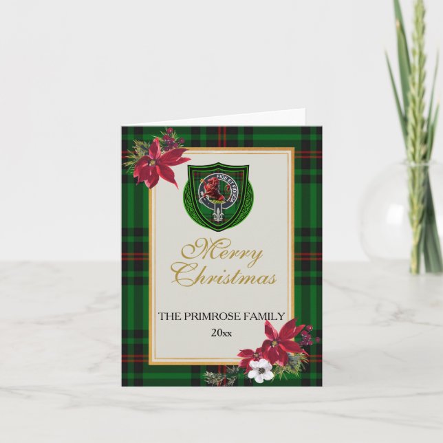 Cartão Primrose Scottish Clan Tartan & Crest (Frente)