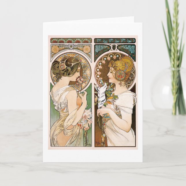 Cartão Primroses e Penas, Mucha (Frente)