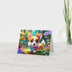 Cartão Princesa Corgi Puppy com Vazio de Flores Saudação