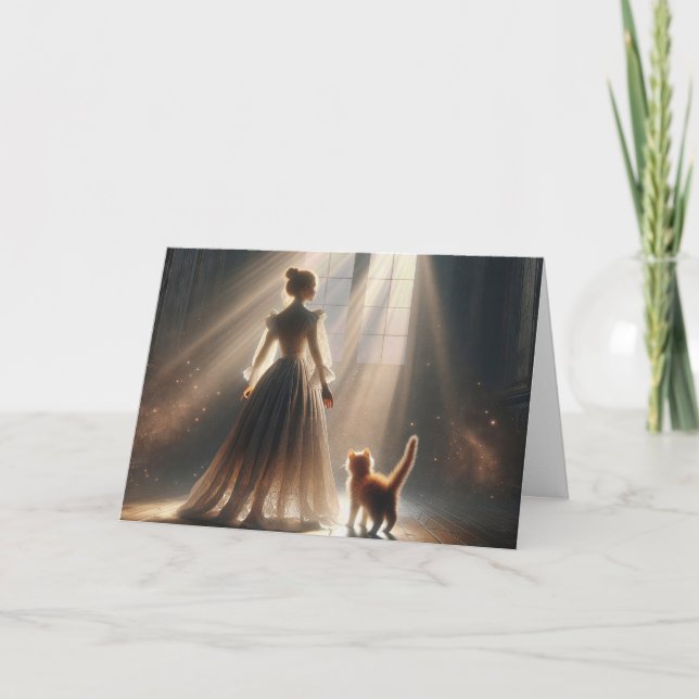 Cartão Princesa de aniversário com um gatinho (Frente)