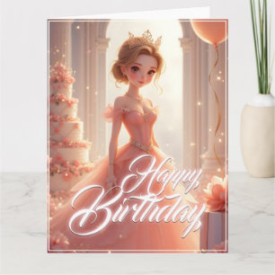 Cartão Princesa de Aniversário num Vestido Rosa Sonhador