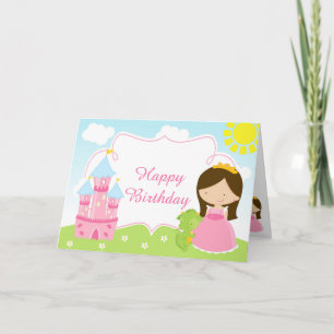 Cartão Princesa de Cabelo Castanho e Dragão 