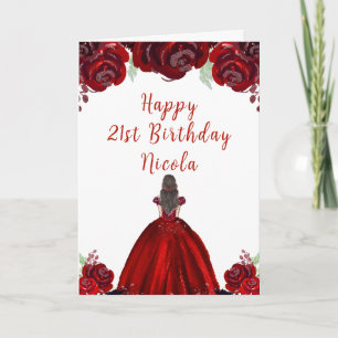 Cartão Princesa de Cabelo Castanho Vermelho Floral Aniver