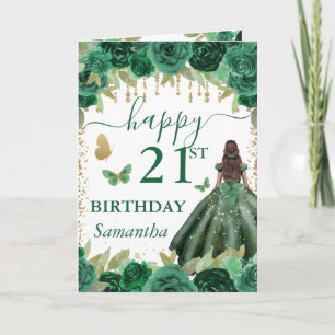 Cartão Princesa de Pele Morena de Vestido Verde de Aniver