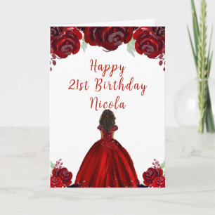 Cartão Princesa de Pele Morena Floral Vermelho Aniversári