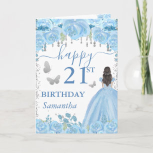 Cartão Princesa Morena Vestido Azul Aniversário