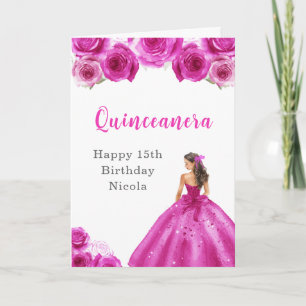 Cartão Princesa no Vestido Rosa Quente Quinceanera