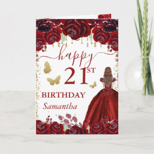 Cartão Princesa Ruiva Rosa Aniversário de 21 Anos