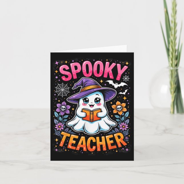 Cartão Professor Spooker Cute Ghost Lendo Livro Engraçado (Frente)