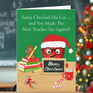 Cartão Professora Feliz Maçã de Natal na Mesa