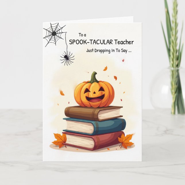 Cartão Professora Halloween Pumpkin em Livros Aranha-Gota (Frente)