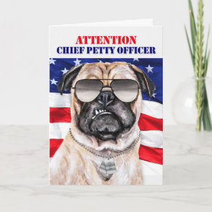 Cartão Promoção do Chefe do Sub oficial Militar Pug Dog