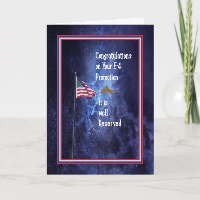 Cartão Promoção do Exército a um Azul E-4 com Bandeira (Frente)