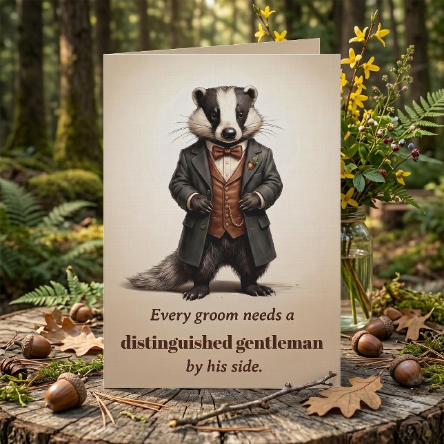 Cartão Proposta de Melhor Amigo Cavalheiro Texugo - Dark  (Gentleman Badger Vintage Victorian Style Groom Illustration. Will you be my best man proposal card)