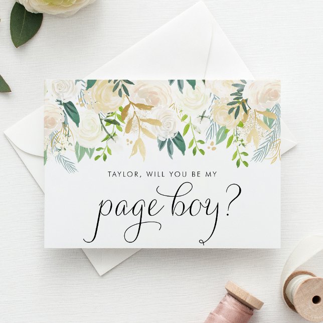 Cartão Proposta Dourada de Garoto de Folha de Marfim com  (Charming floral page boy proposal card with ivory flowers, greenery, and faux gold foil accents.)