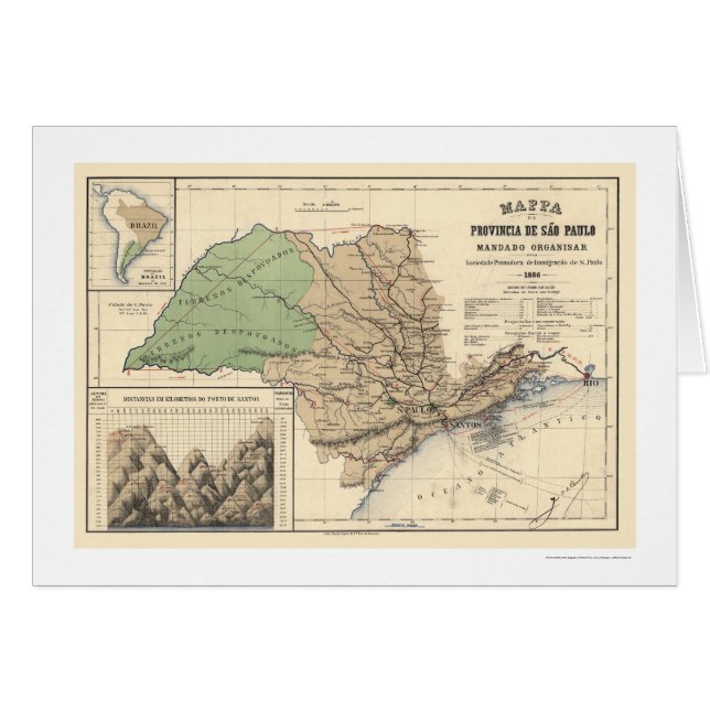 Cartão Província do mapa 1886 de Sao Paulo Brasil (Frente Horizontal)