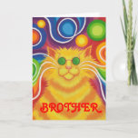 Cartão Psy-cat-delic 'Brother' 'groovy birthday' card<br><div class="desc">Groovy baby! A yellow and orange striped cat with swirling whiskers and a psychedelic rainbow patterned background. Greetings card with a yellow, orange, red, blue, green, pink, purple, and white customizable design for you to personalise with your own text, images and ideas.An original digitally enhanced coloured pencil drawing by Jess...</div>