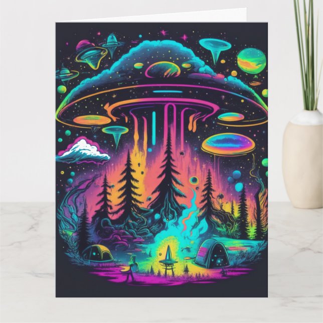 Cartão Psychedelic UFO Fantasy Art Birthday (Frente)
