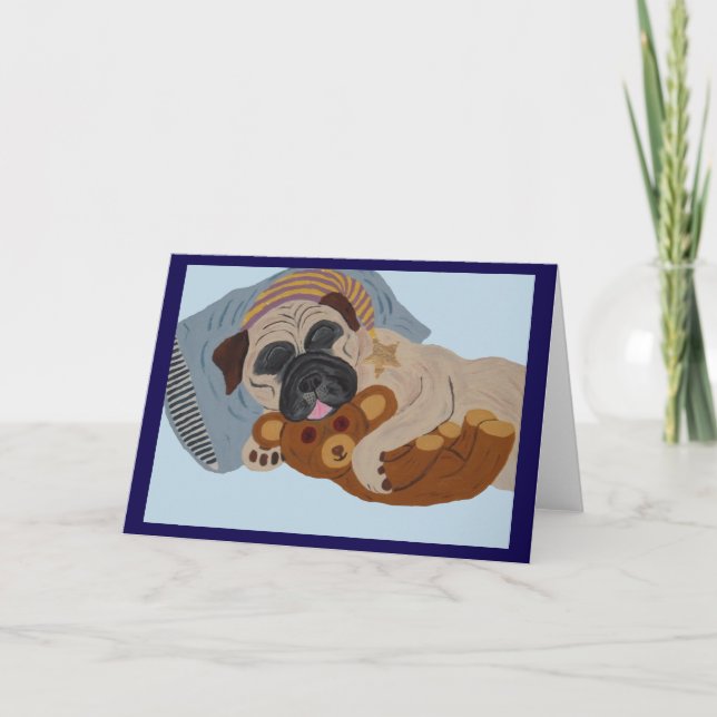 Cartão Pug Adormecido com Urso de Pelúcia (Frente)