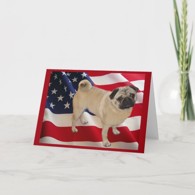 Cartão Pug American Flag Greeting Card (Frente)