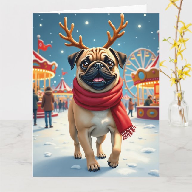 Cartão Pug at the Winter Fairgrounds Christmas Painting (Flor Amarela)