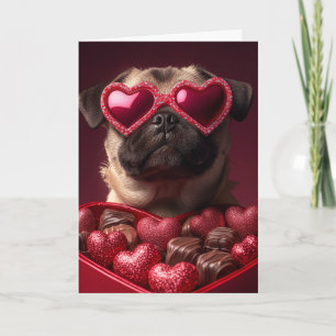 Cartão Pug Brincalhão em Caixa em Forma de Coração no Dia