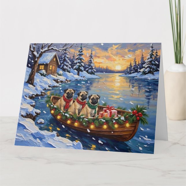 Cartão Pug Christmas Boat Holiday (Frente)